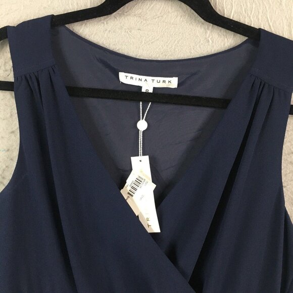 Trina Turk Dress Women 8 Navy Blue Crossover Cape Back V Neck Sassy Fun NEW - Picture 10 of 16